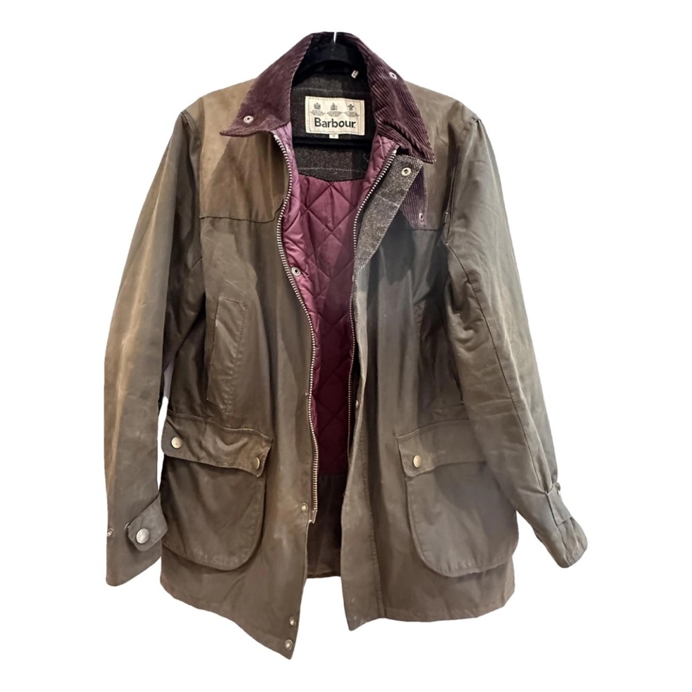 Barbour Olive Waxed Jacket with Maroon Collar